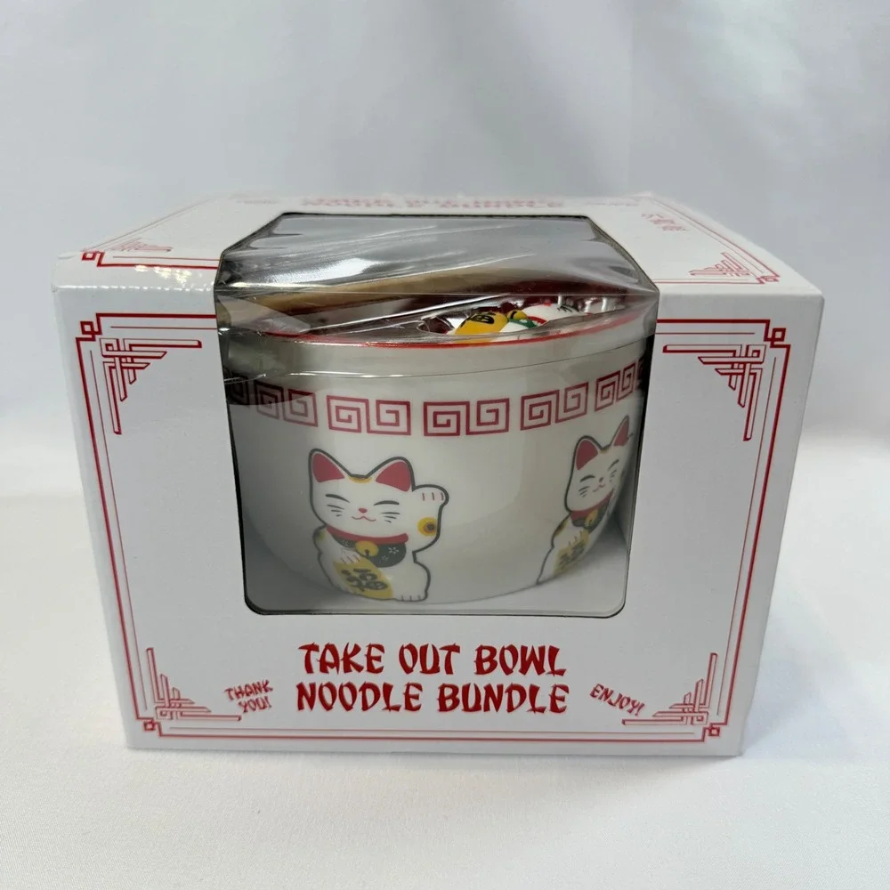 Ramen Noodle Bundle Unisex OS White Lucky Cat Take Out Bowl Set
